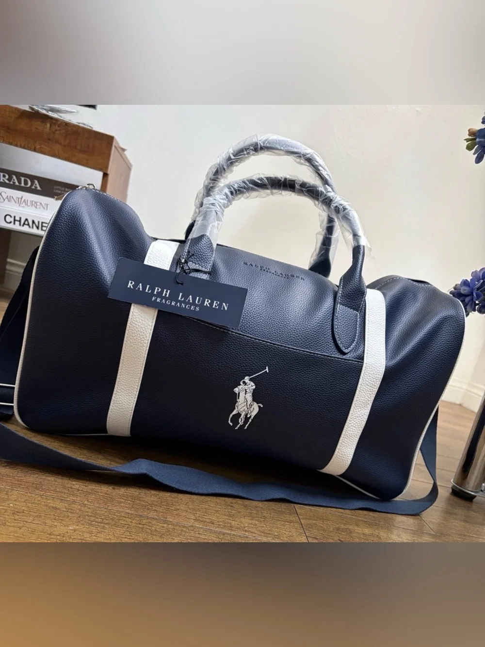 Ralph Lauren Navy and White Vegan Leather Duffel